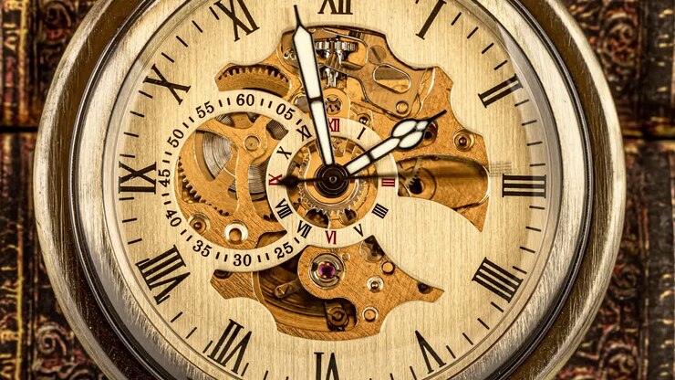 Antique clock dial close-up. Vintage pocket watch.