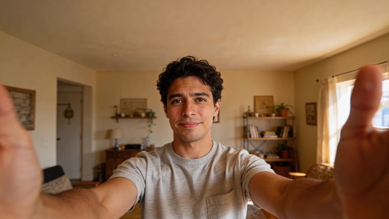 Uomo in maglietta grigia che posiziona la telecamera, allontanando le mani in soggiorno, rivelando uno smartphone su una libreria.