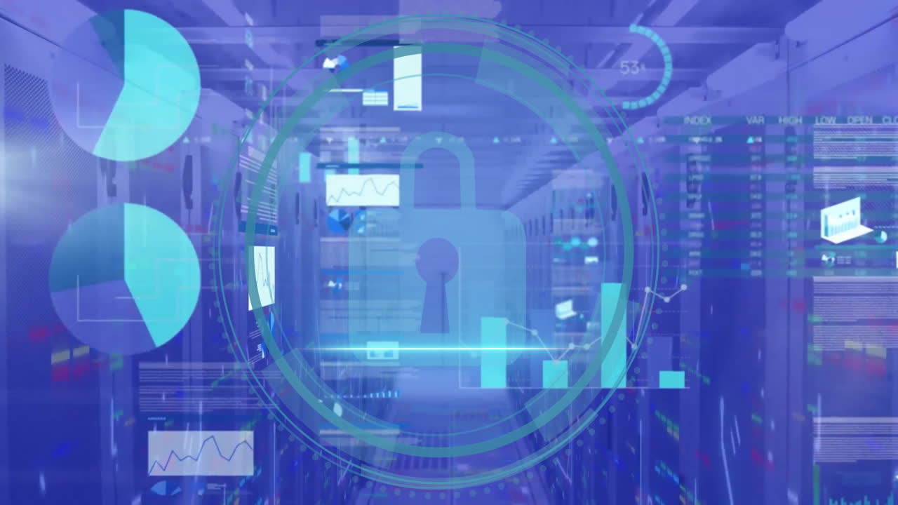 컴퓨터 서버를 통해 디지털 데이터 처리를 하는 락 아이콘의 애니메이션