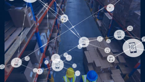 network of connected devices and data icons animation over warehouse with boxes