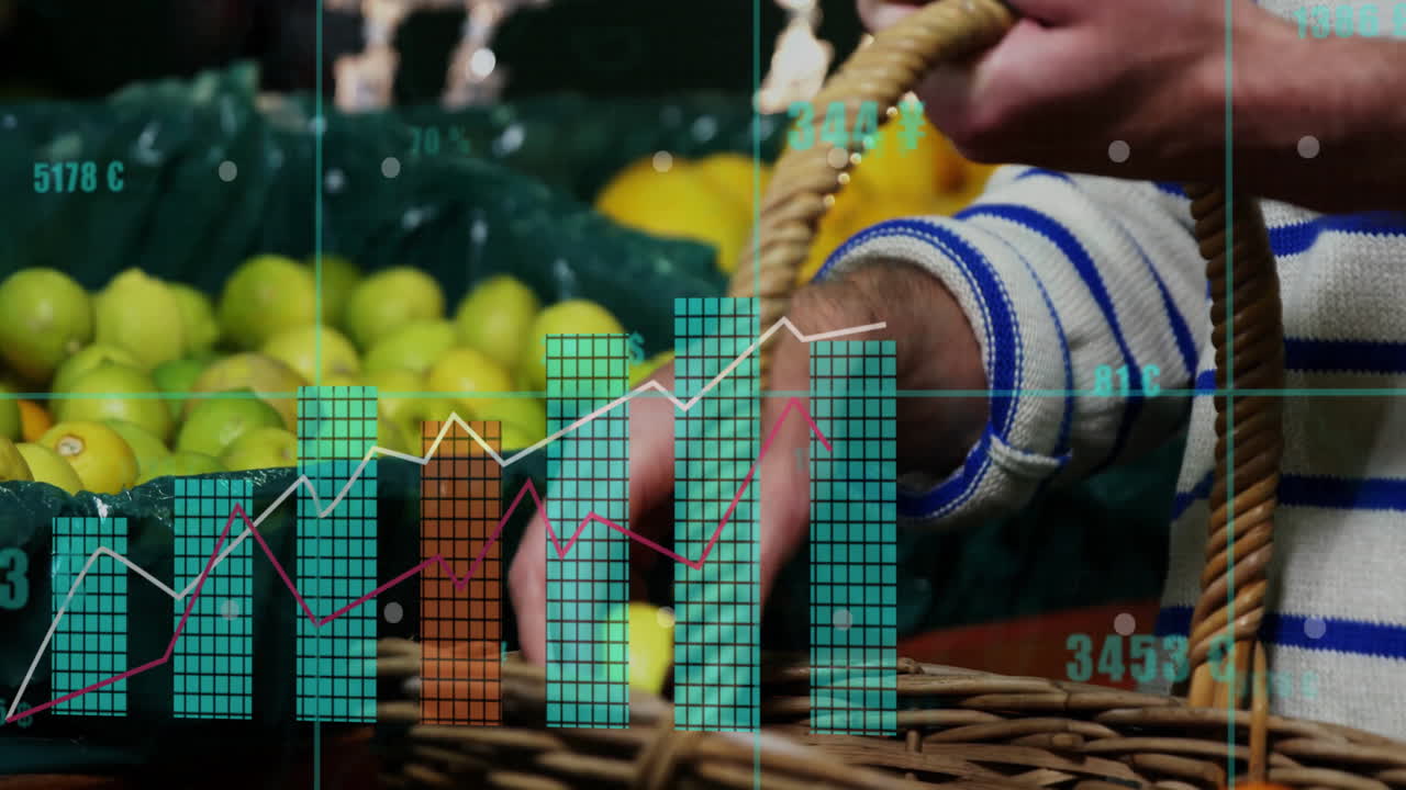 가게에서 레몬을 선택하는 백인 여성에 대한 그래프 처리 데이터의 애니메이션