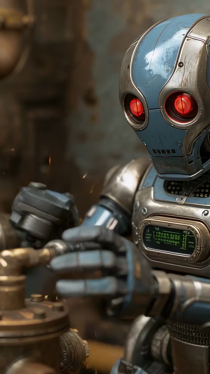 Dikey video: Körfezde robot vanayı çeviren ellere ulaşılması, kıvılcımların onarım için göğüs ekranını kontrol etmesi