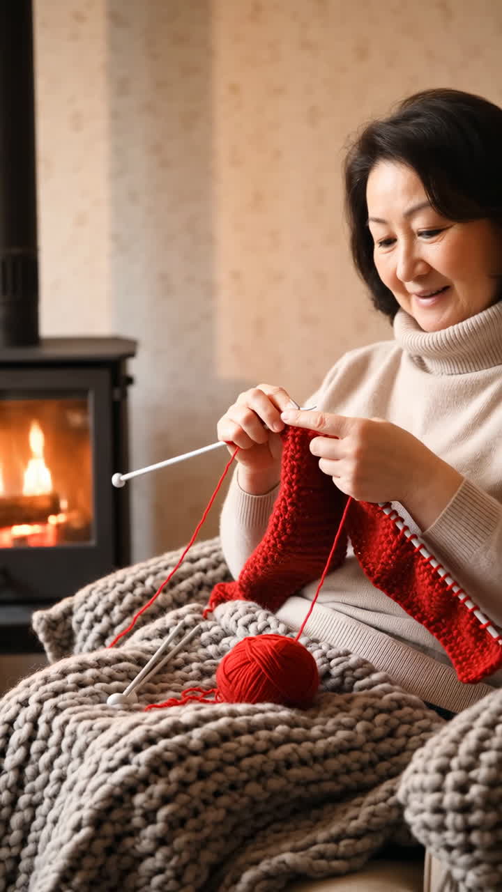 mujer tejiendo junto a una acogedora chimenea