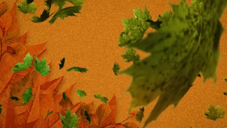 Animation-of-multiple-autumn-leaves-falling-on-brown-background