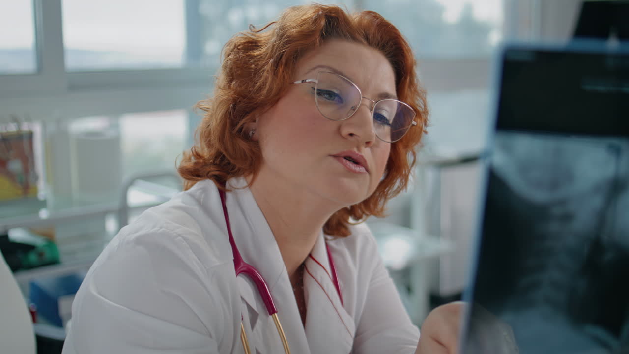 Primo piano di un esperto medico che analizza i raggi X fornendo una diagnosi durante un appuntamento in clinica