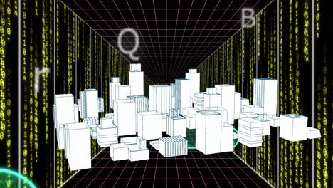 animation of binary coding and data processing over 3d cityscape