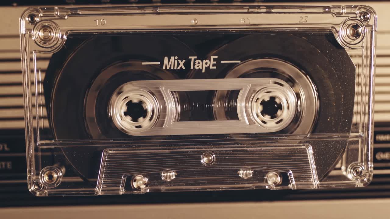 Top-down view of a vintage cassette tape labeled 'Mix Tape' on a striped background