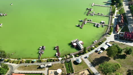 aerial view of a green lake marina with boats and buildings