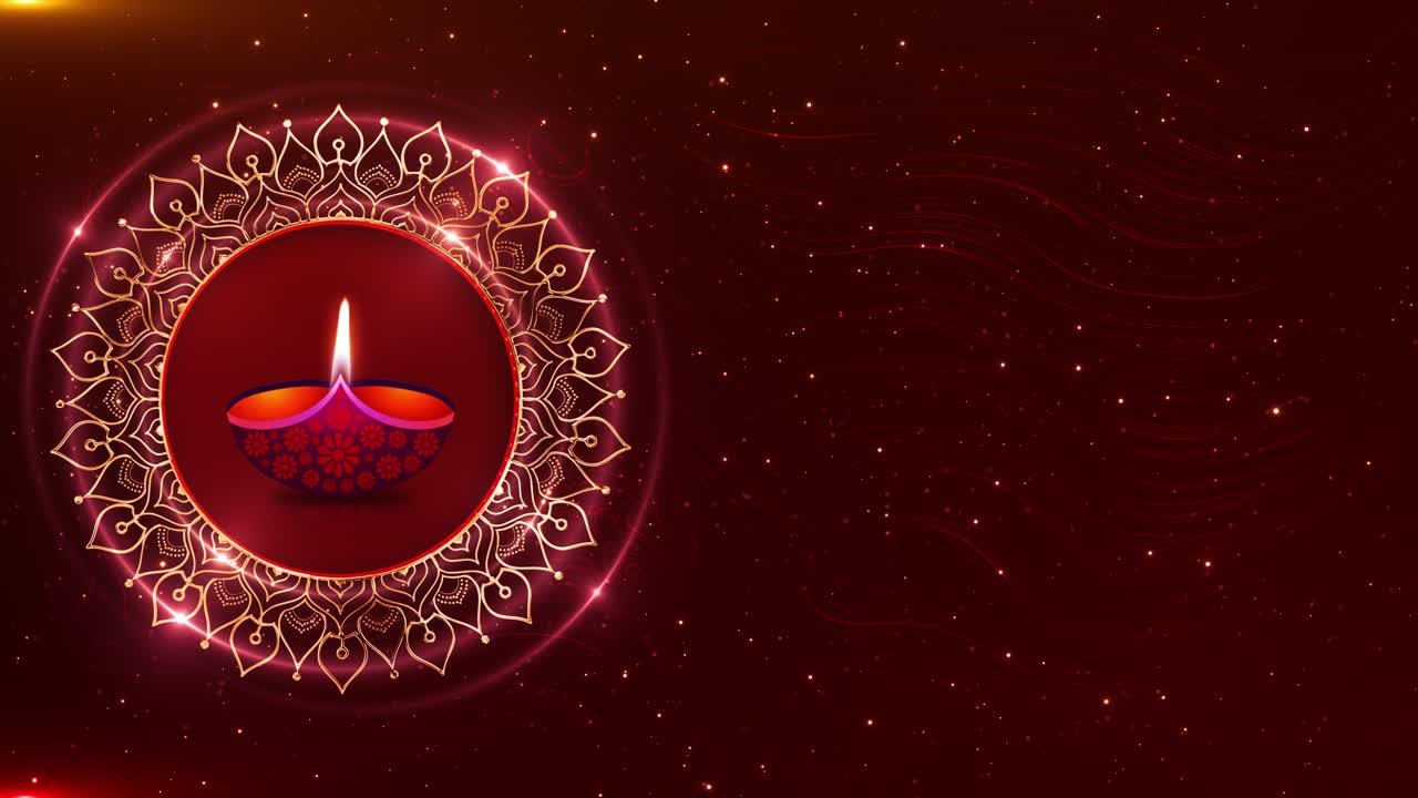Lampada Diya tradizionale luminosa, mandala dorato Diwali su sfondo rosso, celebrazione culturale Diwali