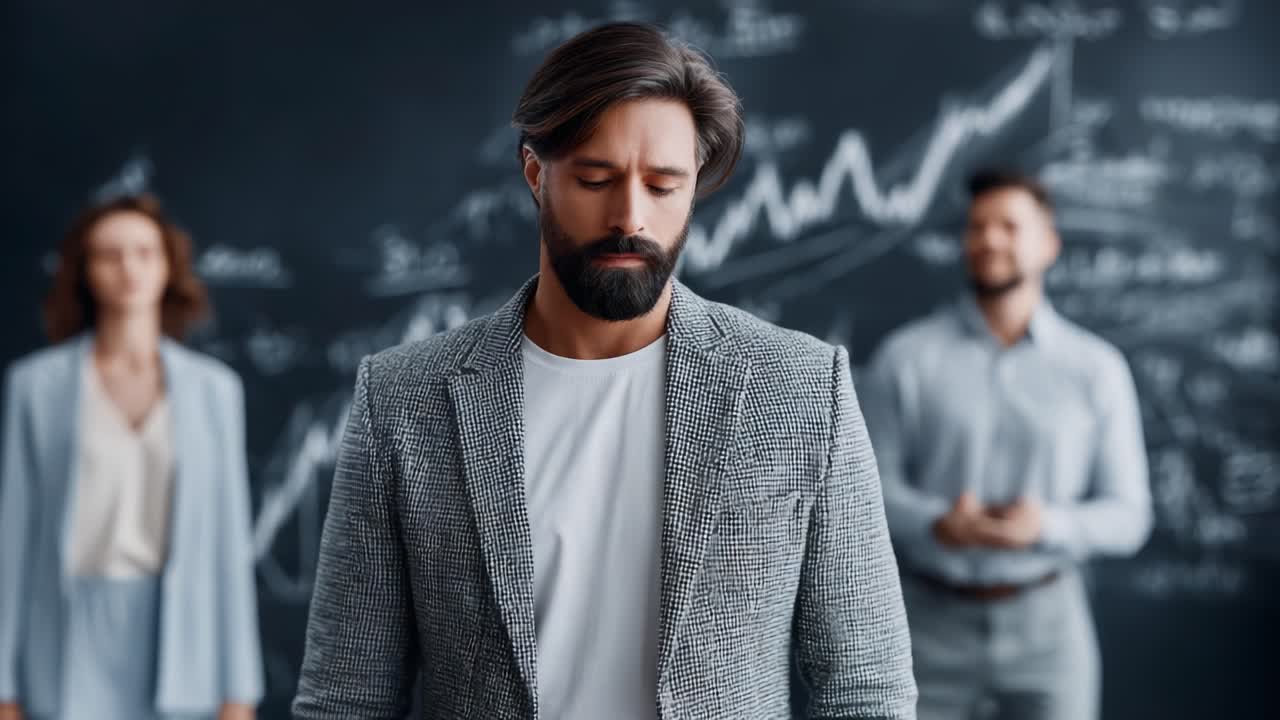 A Business Professional Contemplates Market Trends in a Dynamic Corporate Environment Surrounded by Colleagues, Capturing the Essence of Leadership and Decision Making