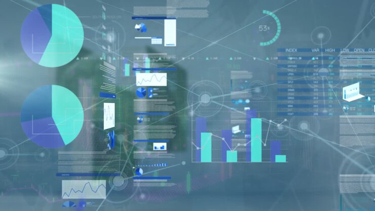 Animation of connections, graphs and data on dark background