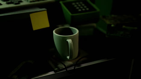 coffee mug placed on cluttered table in dimly lit room during evening hours