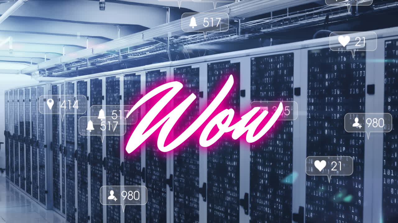 핑크색 텍스트의 애니메이션 와우, 컴퓨터 서버 을 통해 소셜 미디어 알림