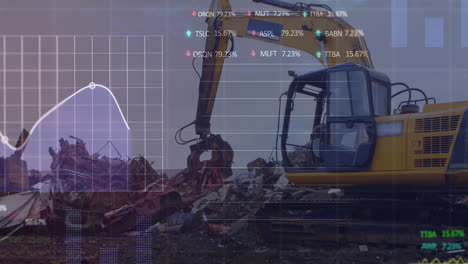 animation of stock market data processing over hydraulic vehicle operating at junkyard