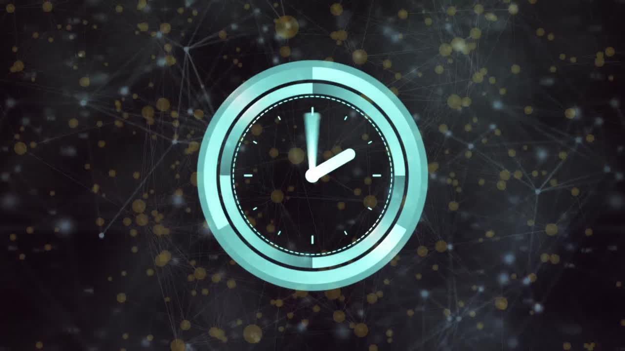 Animation of clock moving fast over network of connections with glowing spots