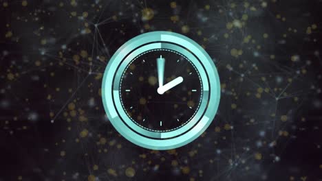 animación de un reloj moviéndose rápidamente sobre una red de conexiones con puntos brillantes