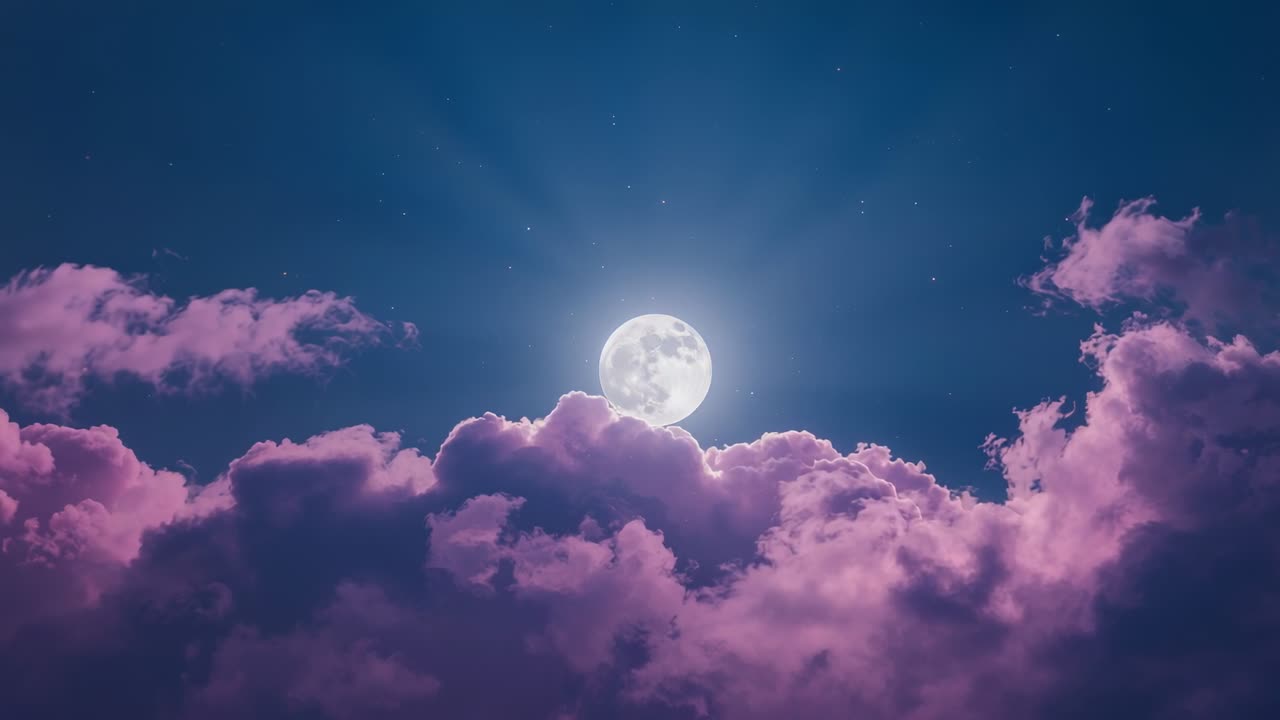 Emerging full moon sending beams as drifting purple-pink clouds in night sky, with faint stars