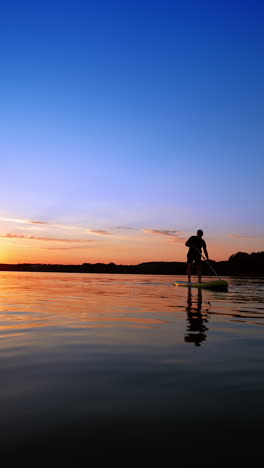 sportsman practices paddle boarding on the river at sunset. man stands on the sup board moving with an oar. vertical video.