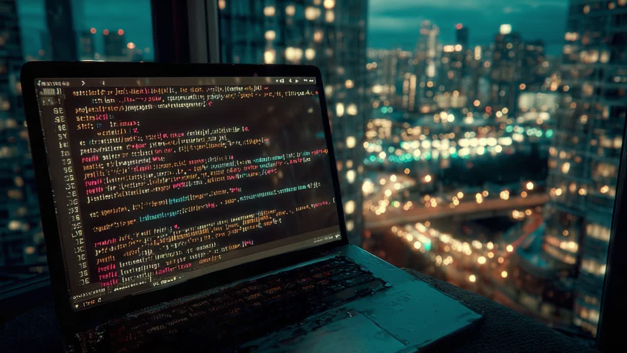 A Programmer's Haven: Late-Night Coding Session with a View of the City Skyline Illuminated by Distant Lights from High-Rise Buildings