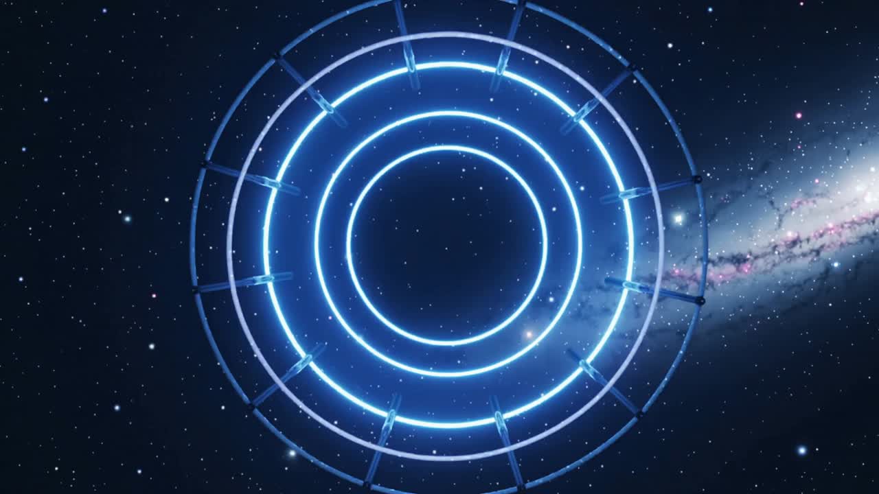Rotating three concentric neon rings on start scaling left in deep space suggesting pullback