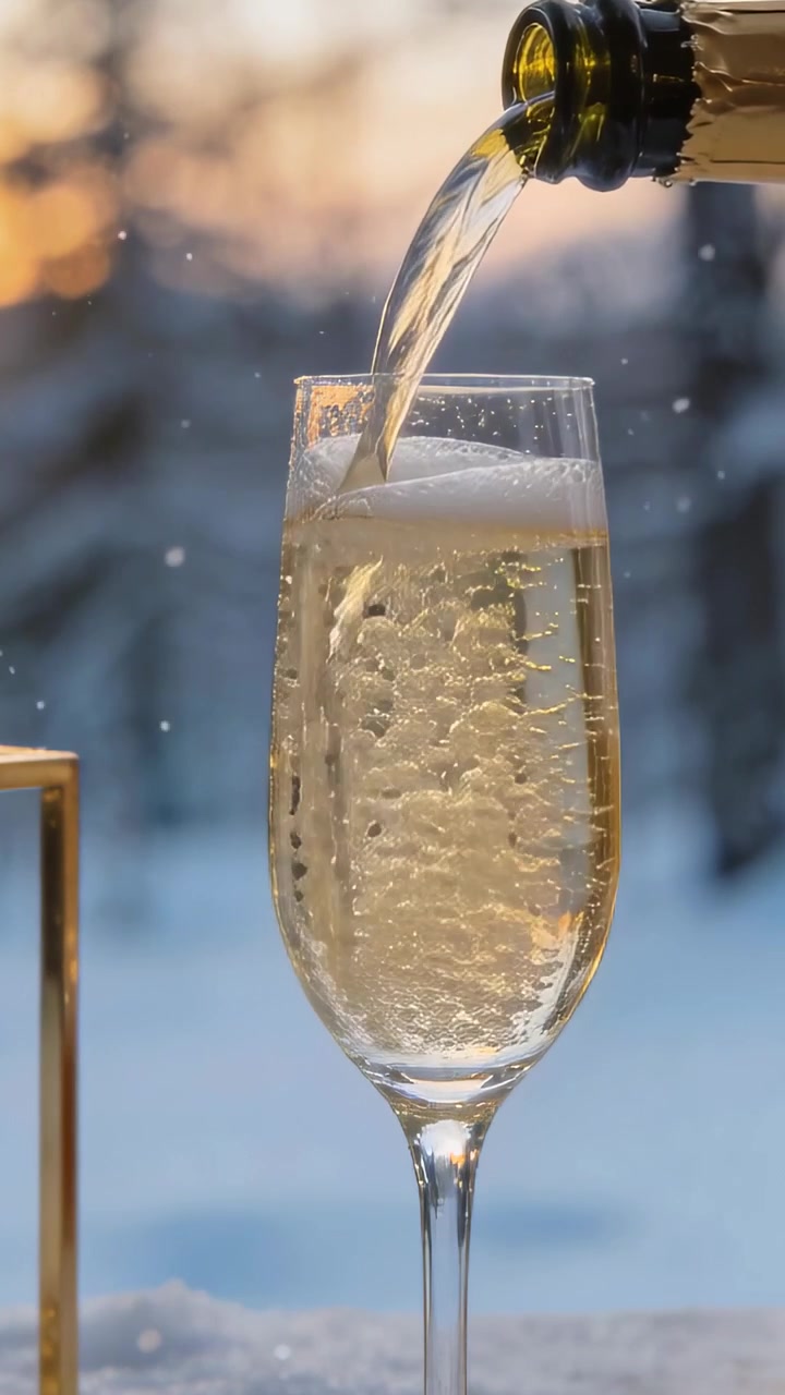 Video verticale: Entra nell'inquadratura una bottiglia che versa vino in un flûte alto vicino a una finestra innevata per un brindisi.