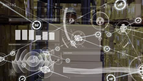 Animation-of-network-of-connections-with-icons-over-man-in-forklift-in-warehouse