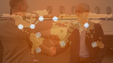 animation of connected dots, map over caucasian businessman shaking hands against private jet