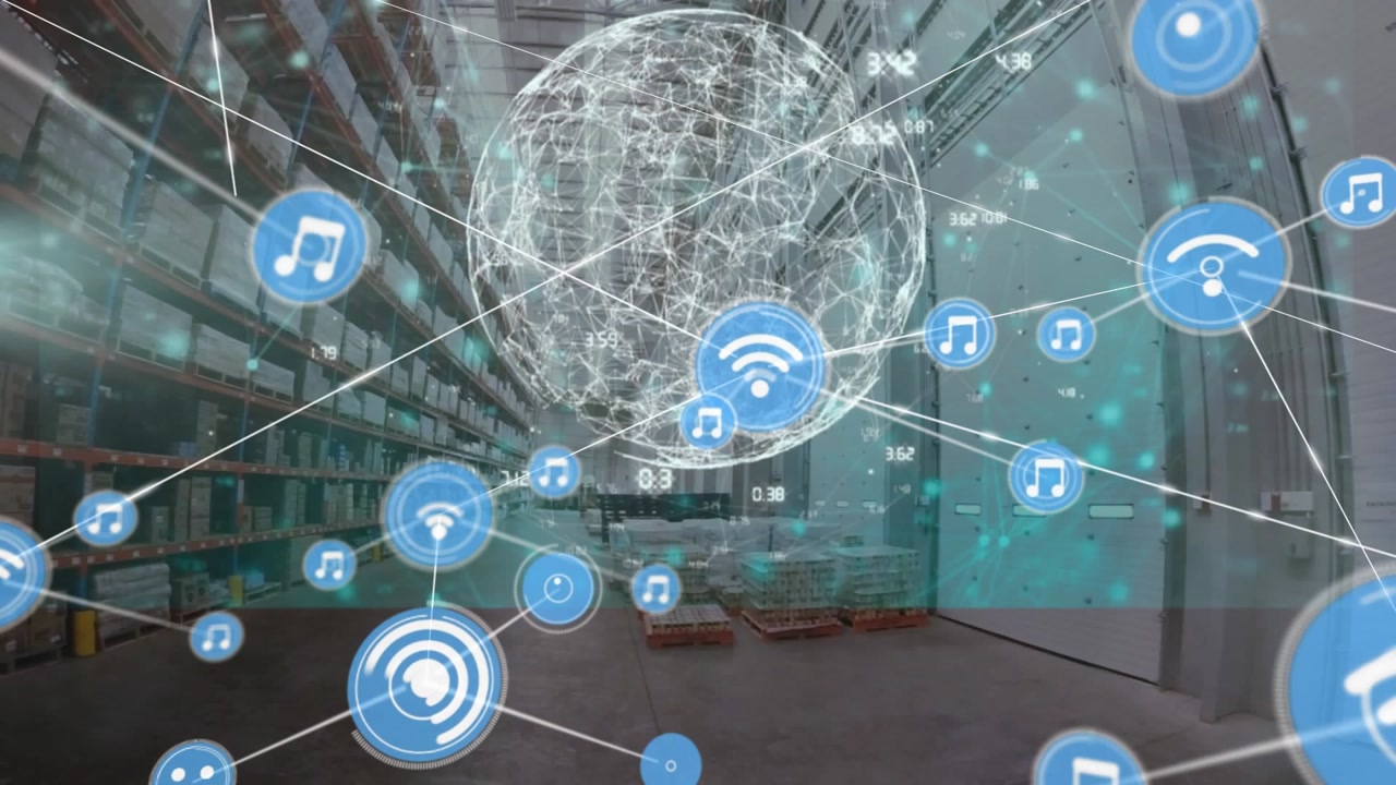 Animazione di rete di connessioni con icone su magazzino