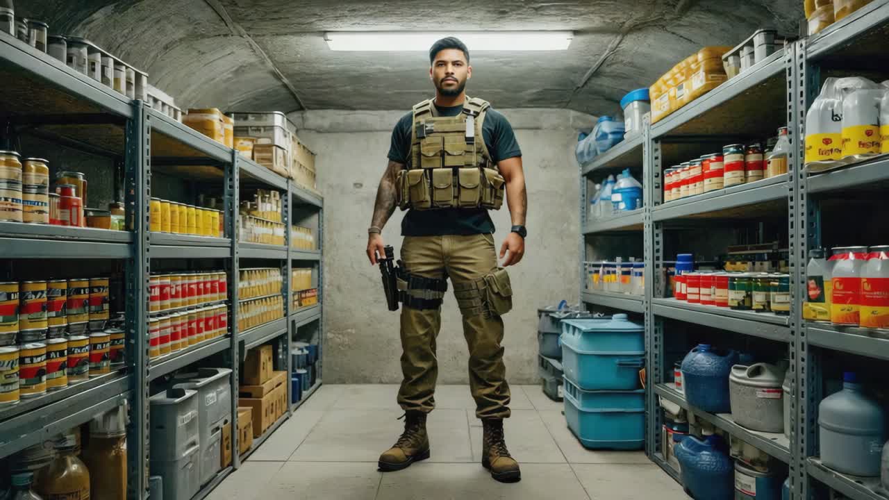 Man in Underground Bunker Stocking Food Supplies