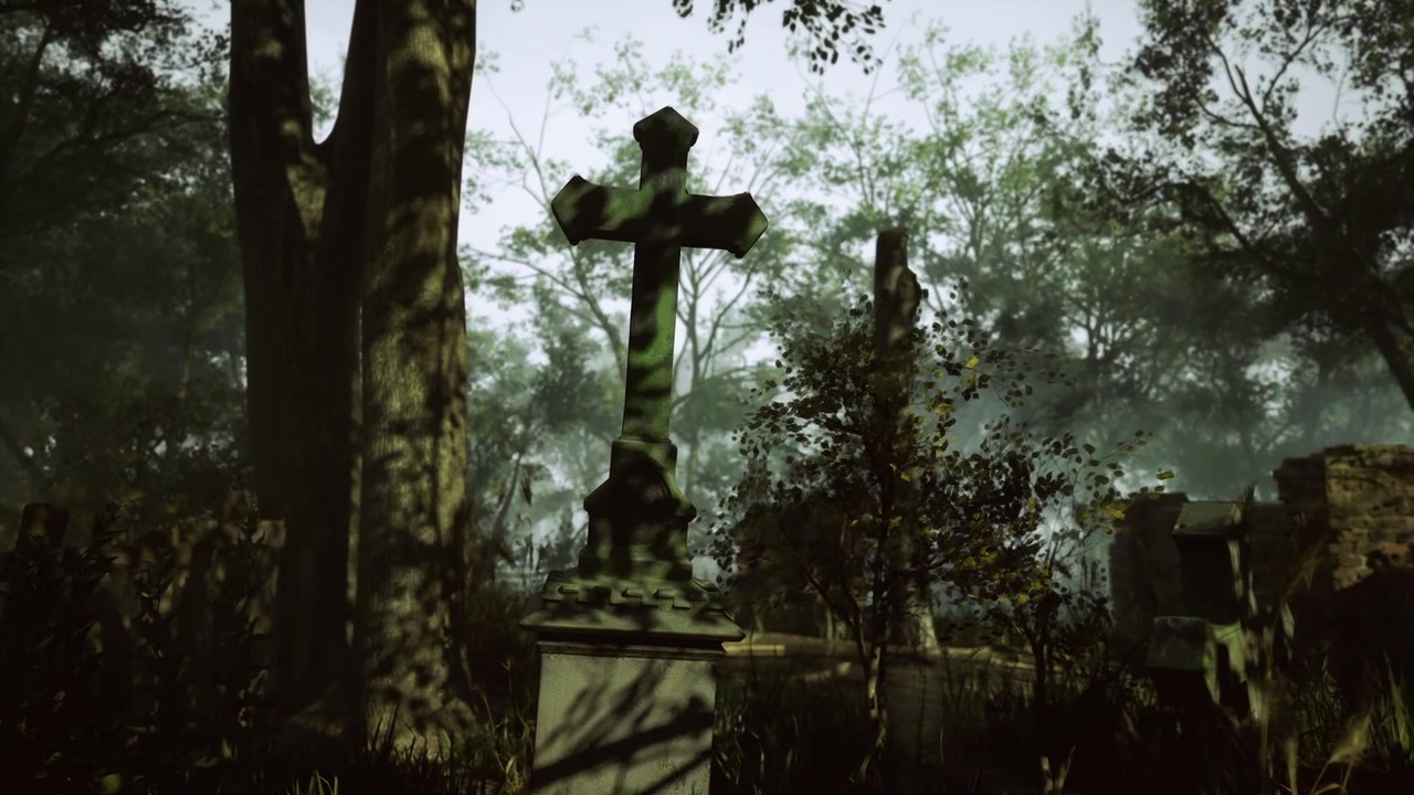 Cimitero misterioso nascosto in una fitta foresta durante la serena luce dell'alba