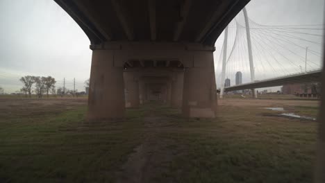 under bridge view of the the margaret hunt hill bridge walkway in dallas