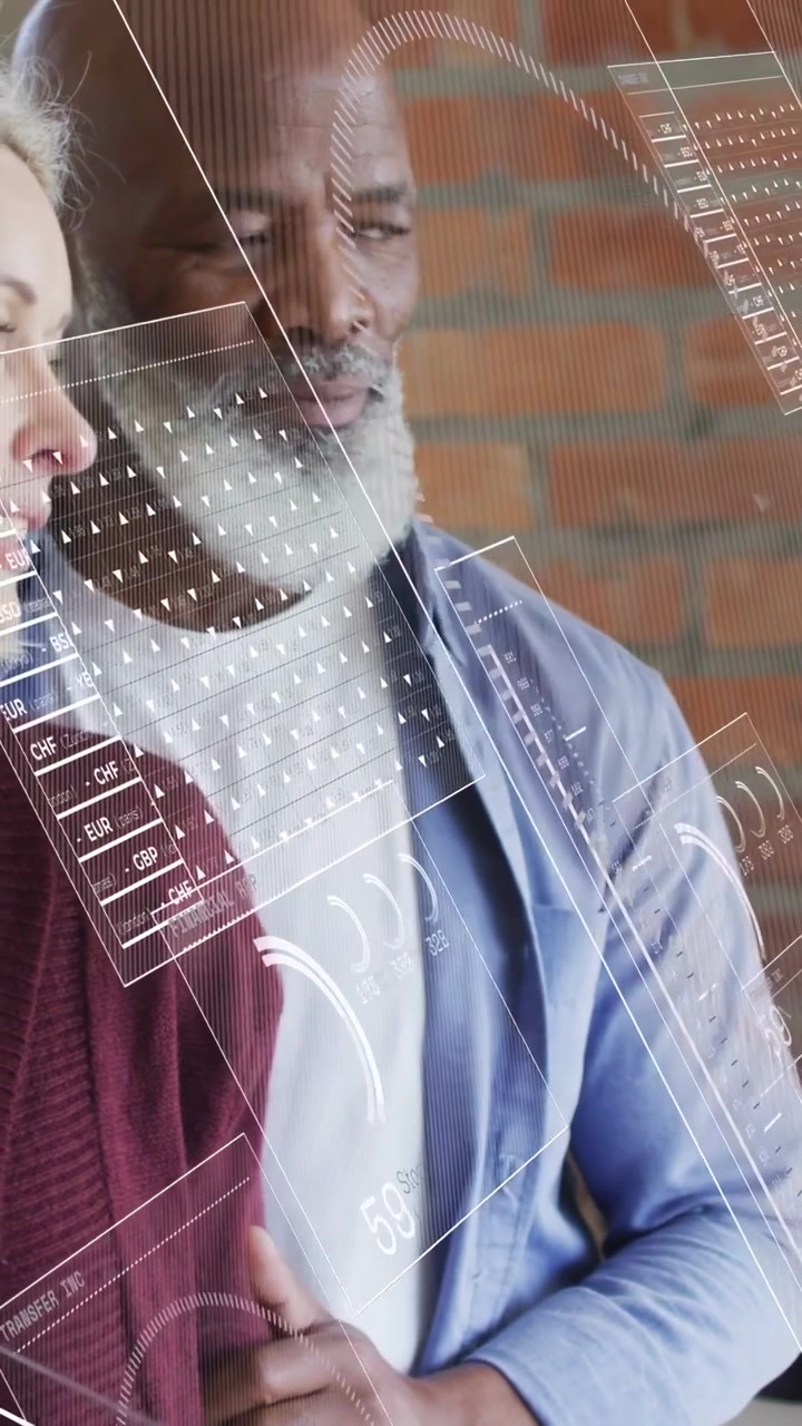 Vertical video: Older couple standing looking as HUD rising, dials and charts over faces for data