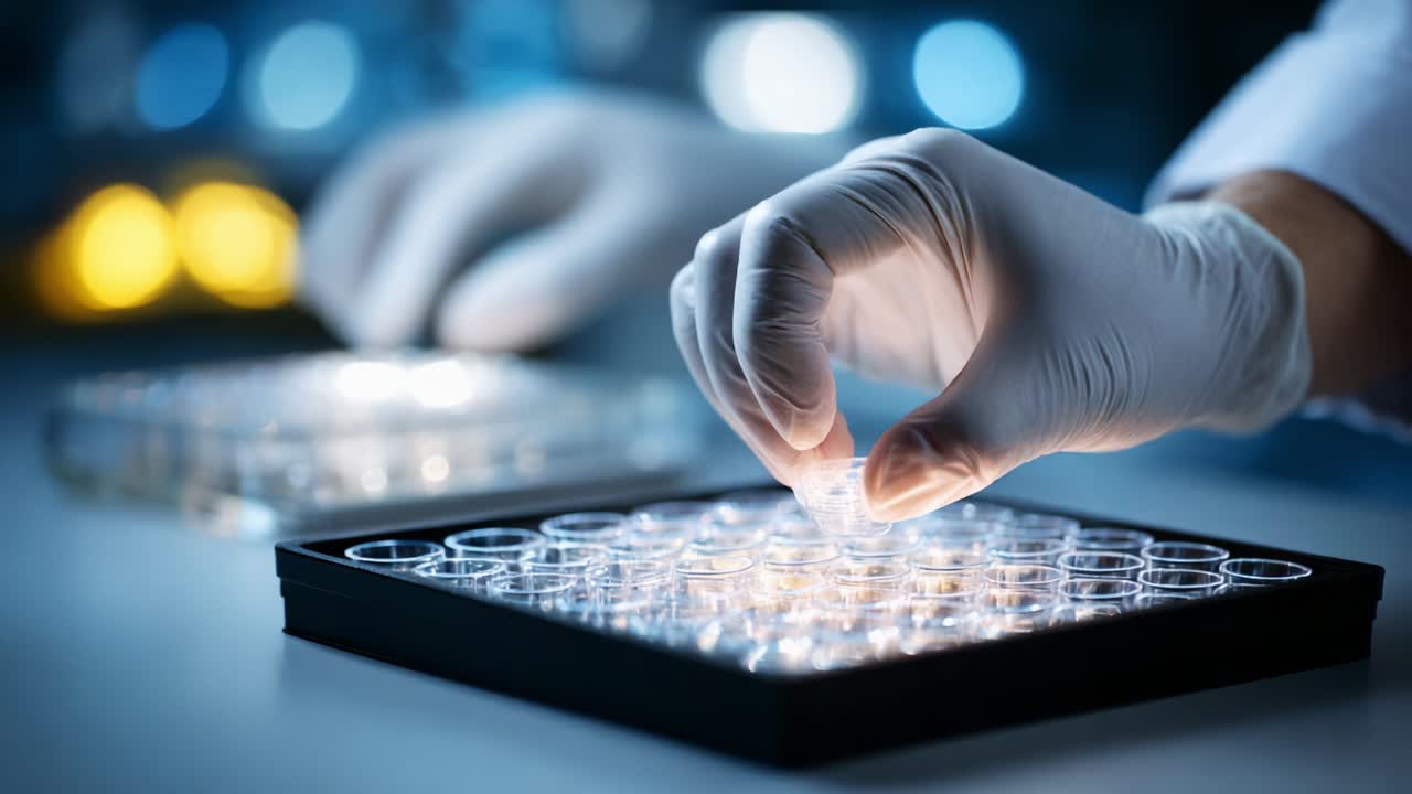 Dynamic Laboratory Workflow: A Close-Up of a Scientist in Protective Gloves Carefully Handling Petri Dishes Filled with Various Samples in a High-Tech Research Environment