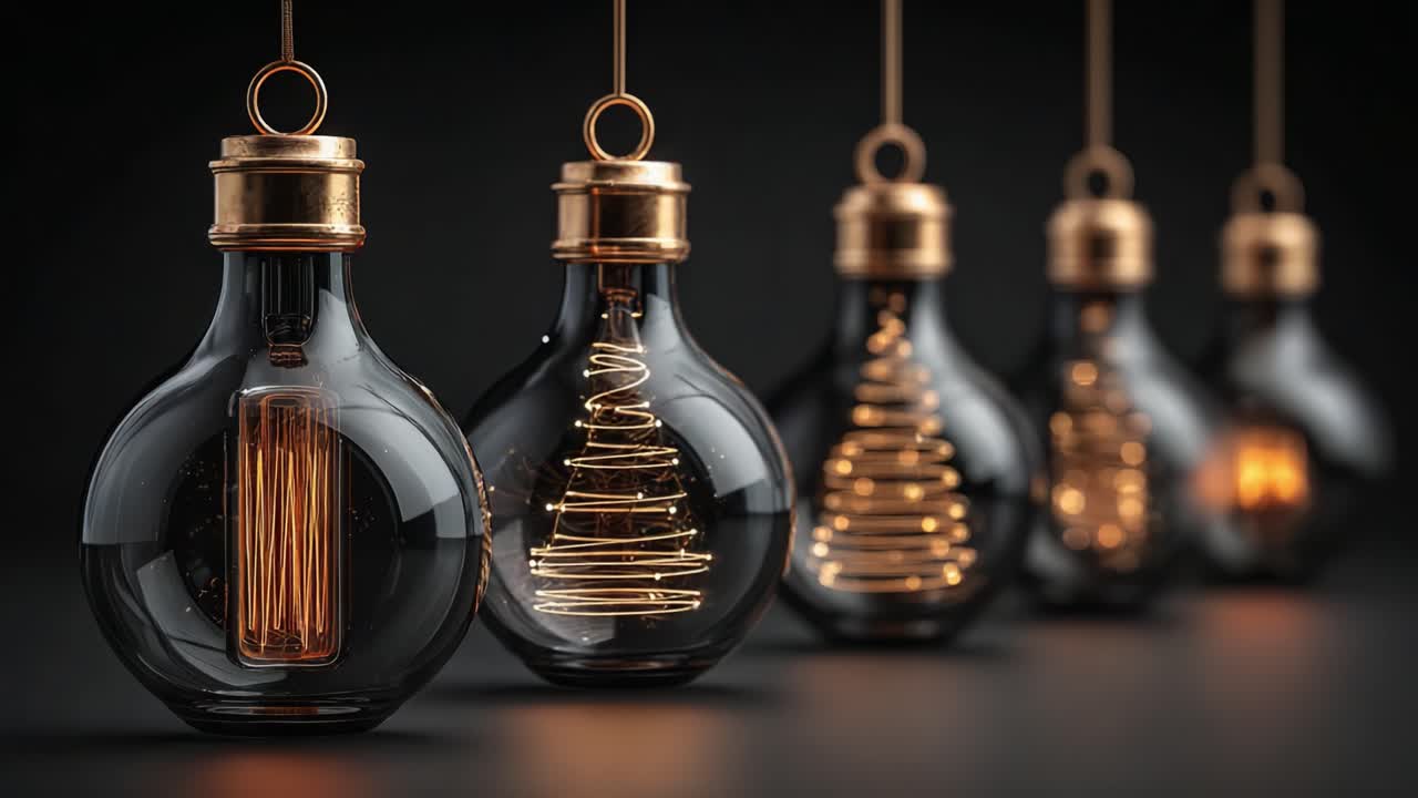 A Series of Decorative Light Bulbs Showcasing Unique Filament Designs that Illuminate with Warm Glow Against a Dark Background, Creating an Enchanting Atmosphere