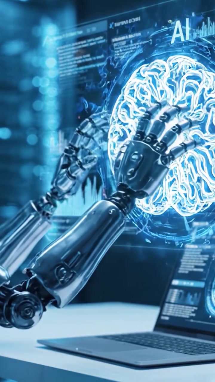 Exploring Advanced AI Interfaces: A Robotic Hand Engages with Futuristic Technology on a Computer Screen in a Captivating Digital Landscape