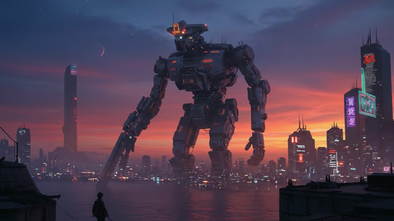 Un maestoso mech che svetta su una città futuristica al tramonto, incarnando potenza e tecnologia in uno straordinario paesaggio fantascientifico, catturando l'essenza dell'innovazione urbana e della vigilanza