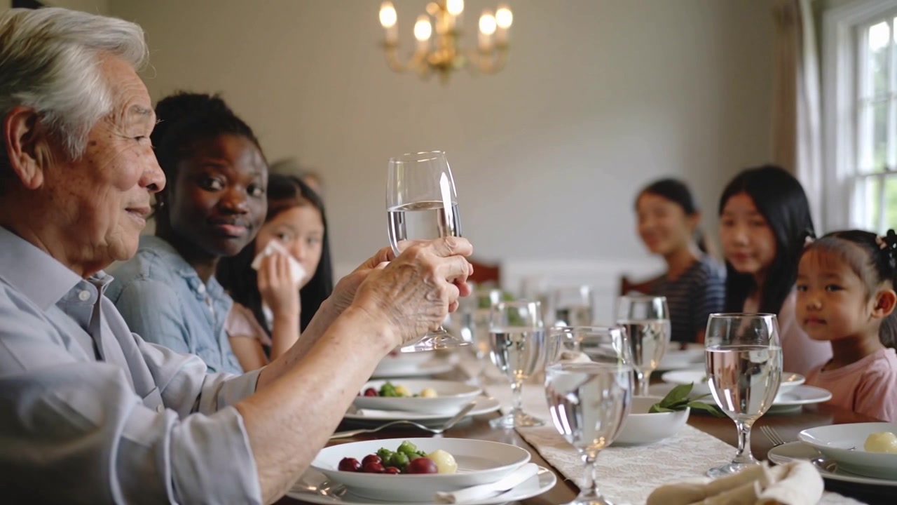 Raising Senior man in light shirt holding stemmed glass at dining table, making toast, copy space