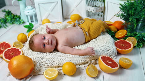 peaceful newborn in yellow pants lies surrounded by oranges. footage of a blue-eyed caucasian infant in studio.
