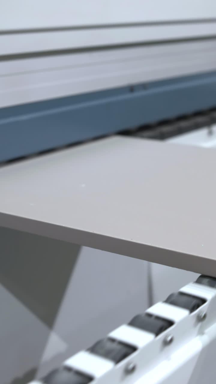 Panel Board Sliding Into Processing Machine White Roller Conveyor Guiding MDF Sheet Under Blue Guide Rail. Media