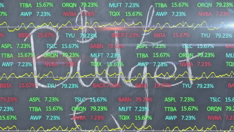 animation of word budget and money symbols handwritten over moving over stock market display