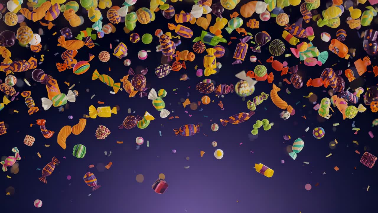 Animation sending drifting candies and confetti falling over purple backdrop, creating party vibe