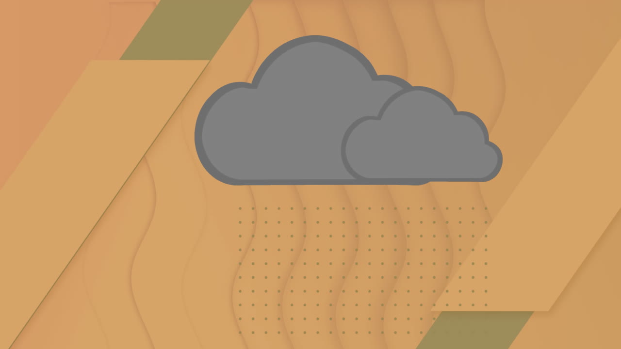 animación de iconos y formas de nubes sobre un fondo naranja.