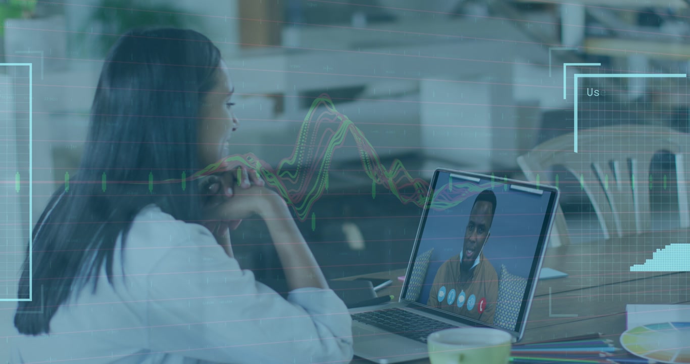 Animation of graphs and user photos over woman having video call on laptop
