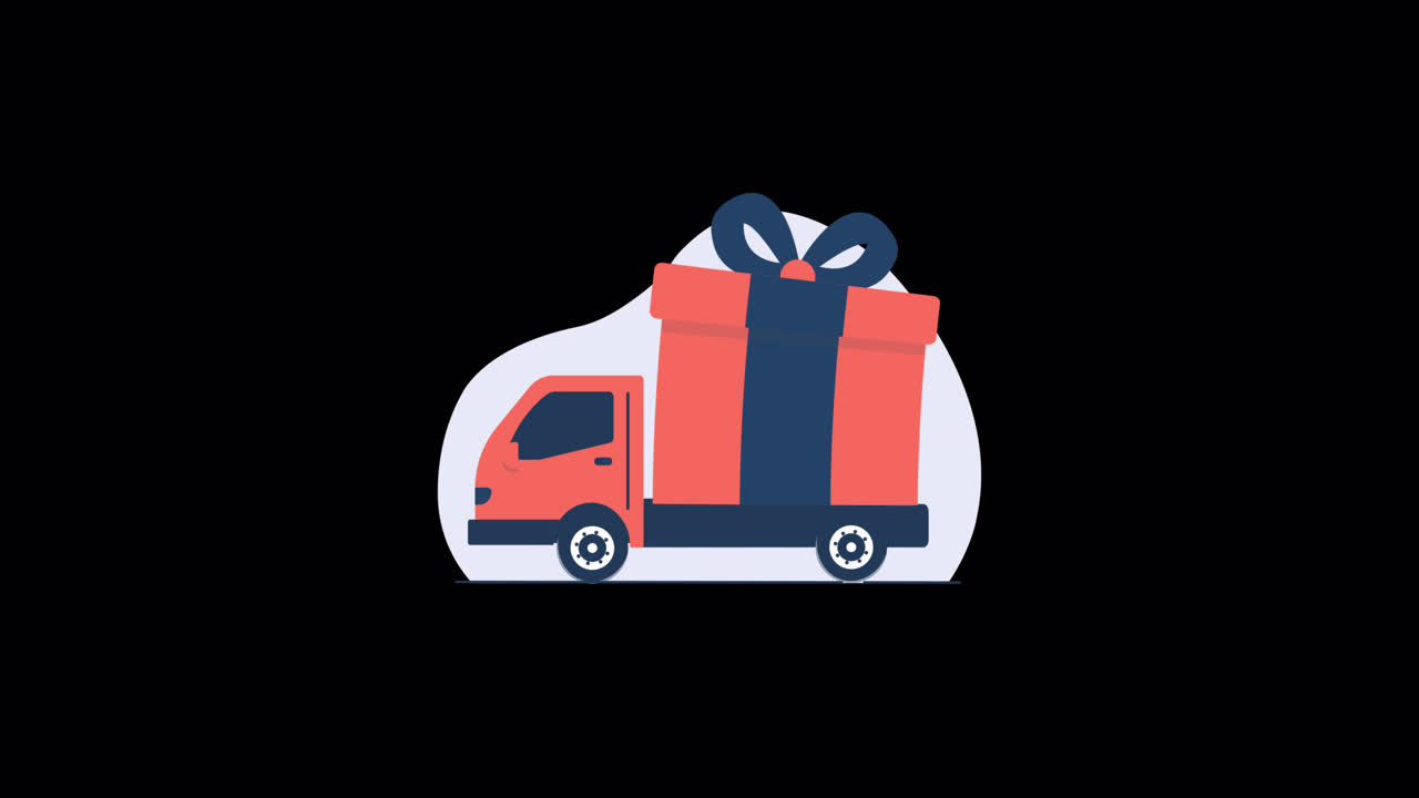 Camion di consegne rosso animato che trasporta un grande pacco regalo