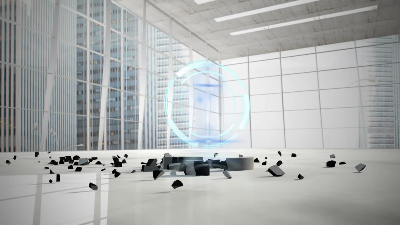 파운드 통화 기호가 떨어지고 사무실에 부 ⁇ 히는 네온 둥근 스캐너