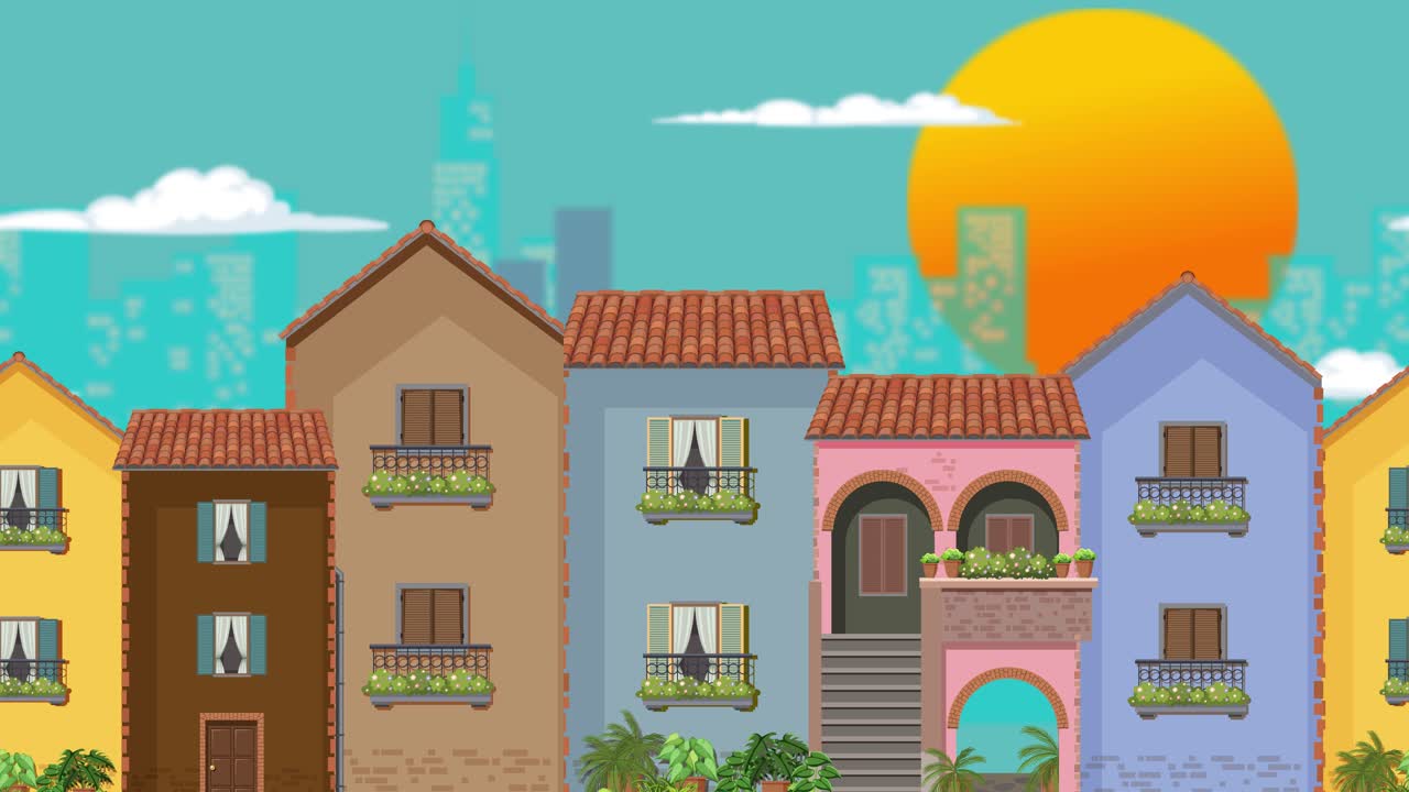 Colorful European Townhouses at Sunset