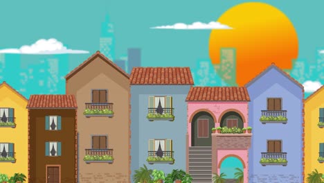 colorful european townhouses at sunset