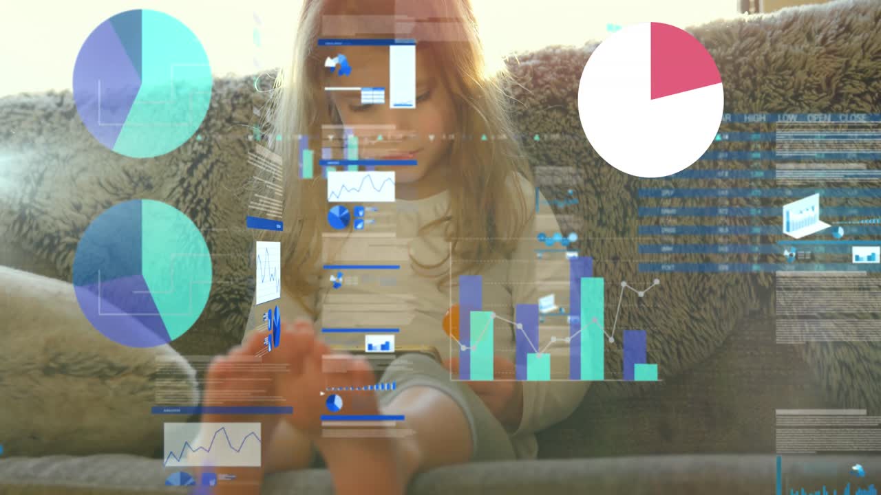 Animation of data processing over caucasian girl using smartphone