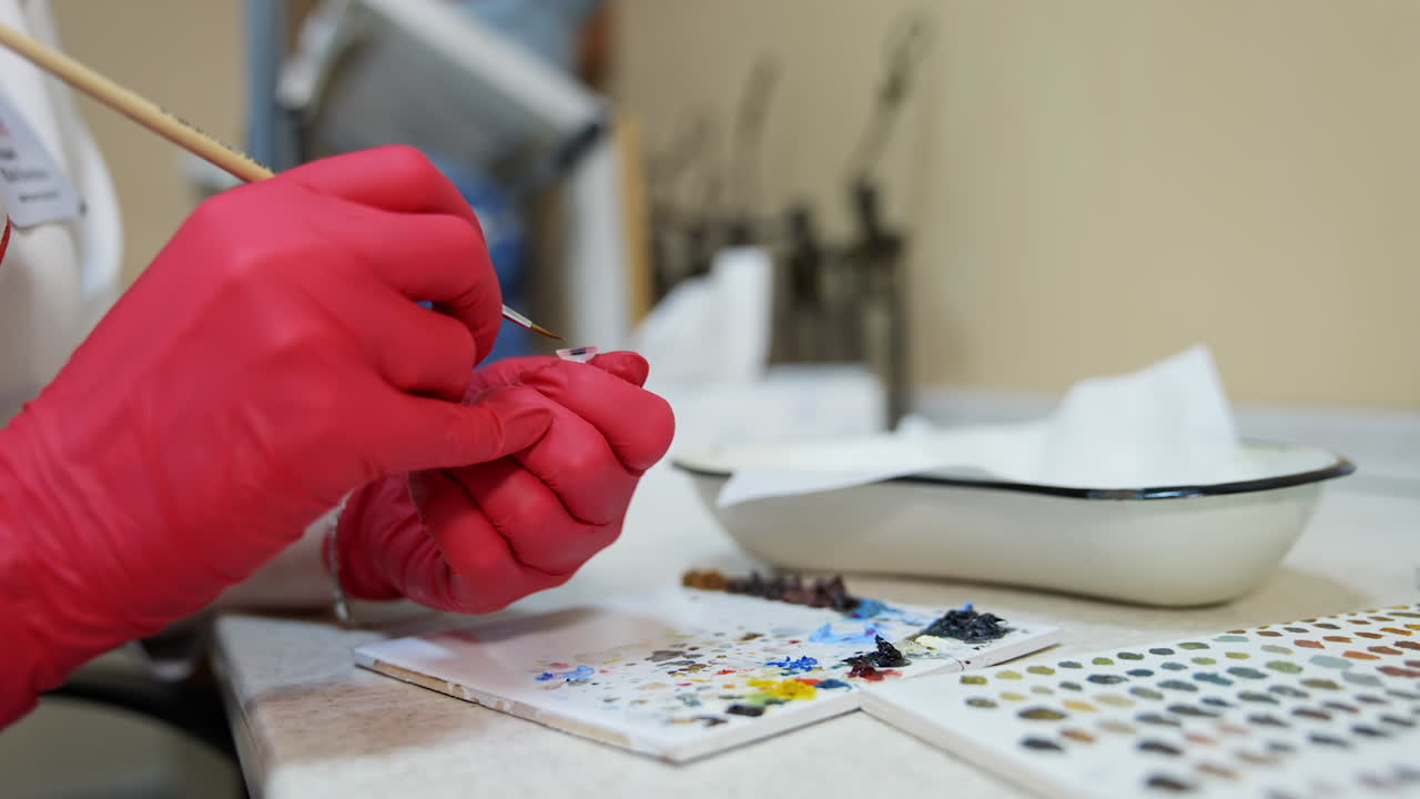 Laboratory worker painting eye prosthesis. Master in red latex gloves making artificial eye with a brush in clinic. Close-up.