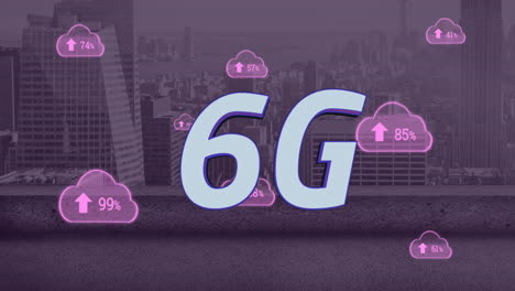 animación de texto 6g, nubes con porcentaje y paisaje urbano.